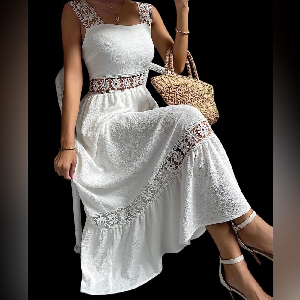 Women’s Guipures Lace Sleeve Insert Ruffle Hem Cami Long Summer/Spring Dress.